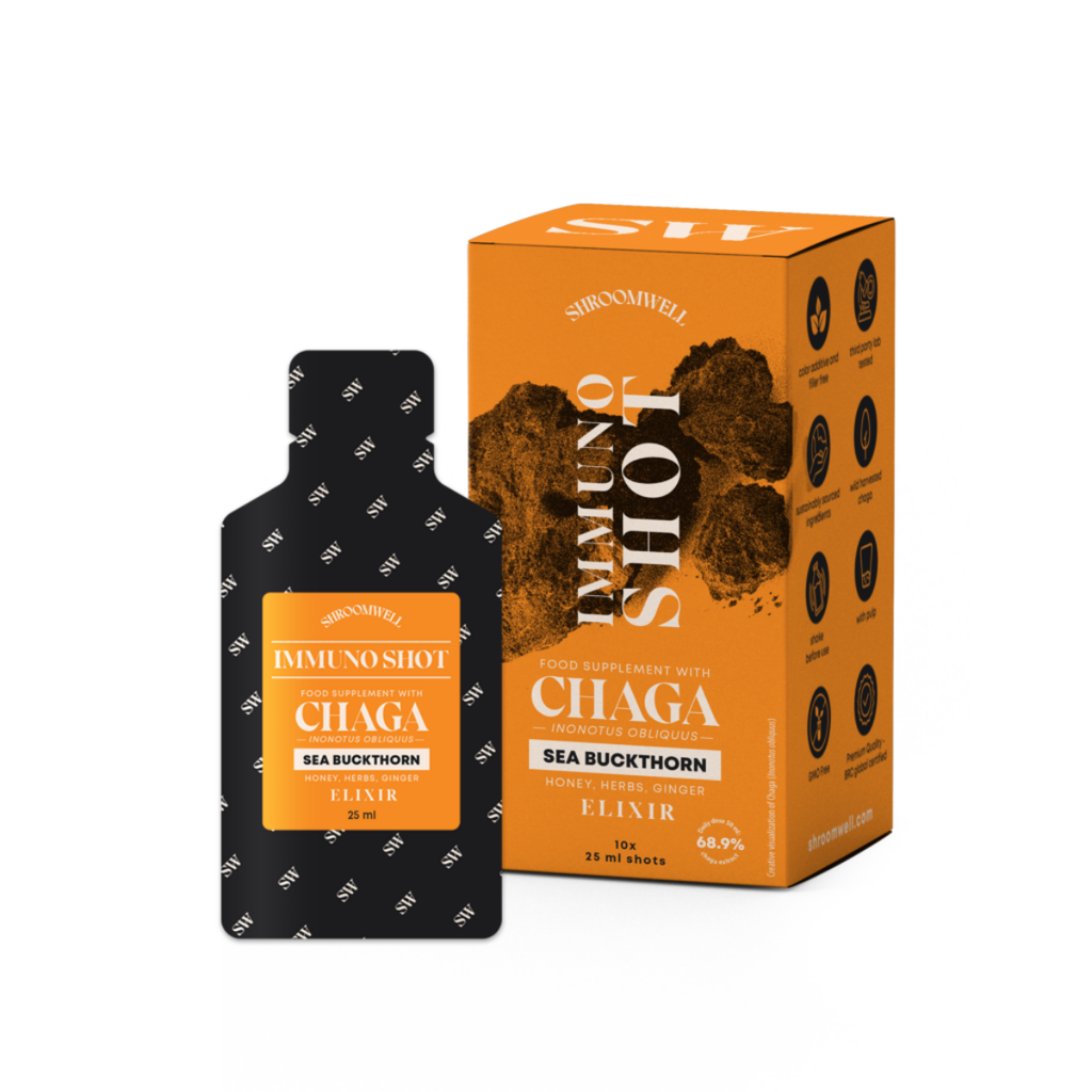 Immuno Elixir Food Supplement with Chaga, Sea Buckthorn, Honey, Herbs and Ginger 10 x 25ml